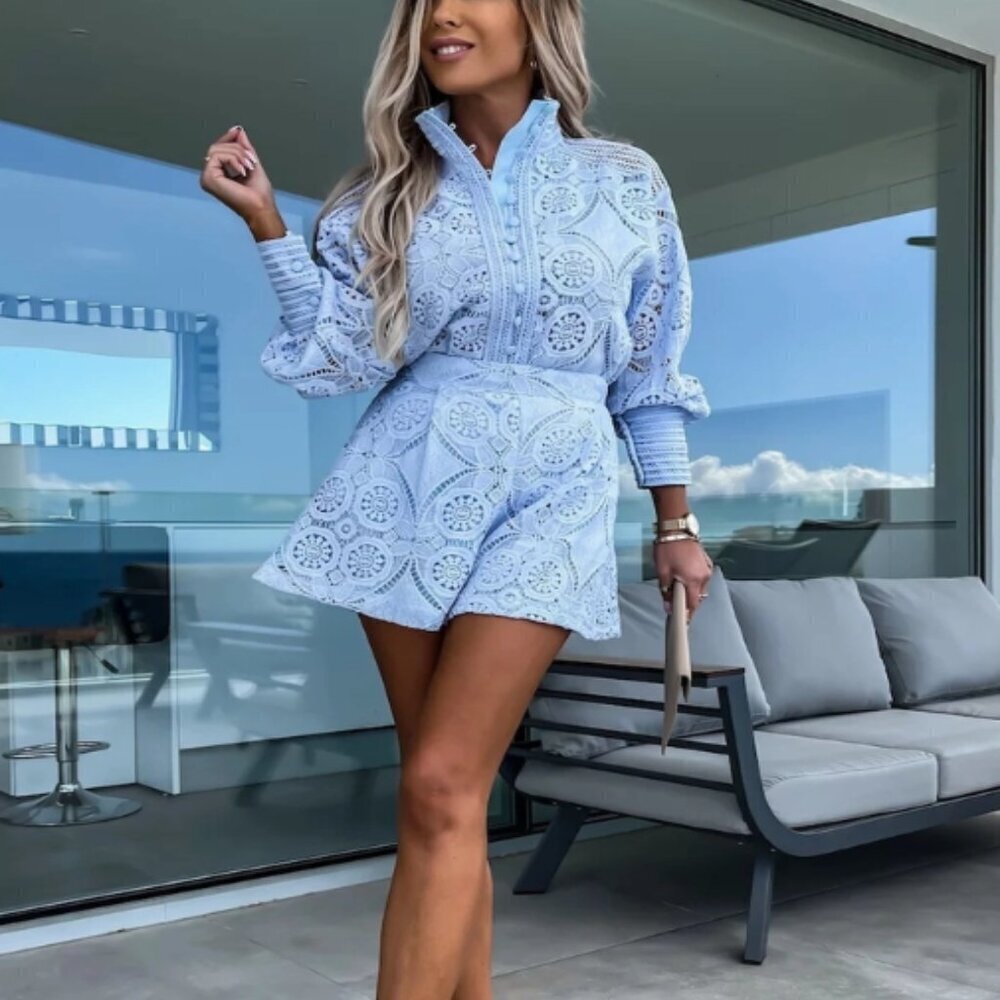 172) Shorts Set & Long Sleeve Blue Top Set